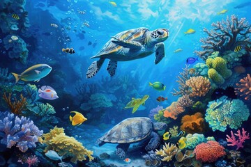 Fototapeta premium a painting of a turtle swimming in the ocean, Underwater scene with fish, coral reefs, and turtles