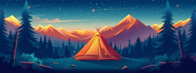 Illustration of a tent in front of an outdoor forest and mountain landscape, with a starry night sky,