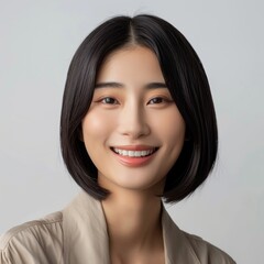 Fototapeta premium Korean woman with sleek straight bob hairstyle, wearing a fashionable outfit, smiling confidently, Portrait half-body, hyper-realistic, high detail, photorealistic, white background, studio lighting,