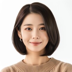 Fototapeta premium Korean woman with sleek straight bob hairstyle, wearing a fashionable outfit, smiling confidently, Portrait half-body, hyper-realistic, high detail, photorealistic, white background, studio lighting,