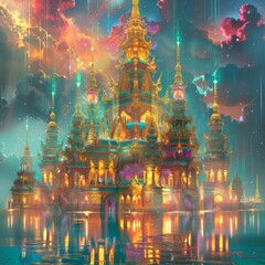 Obraz premium Majestic Temple with Golden Spires - Digital Art of Traditional Architecture with Vibrant Colors