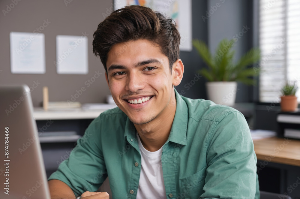 Wall mural Portrait of smiling young man in green shirt in office setting