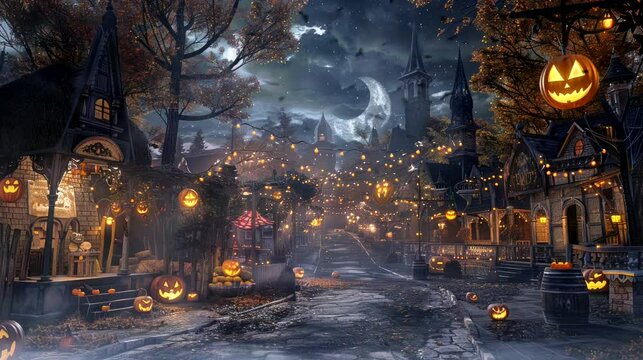 The annual Halloween festival in the small town of Ravenwood is known for its spine-chilling attractions. seamless looping time-lapse virtual 4k video animation background