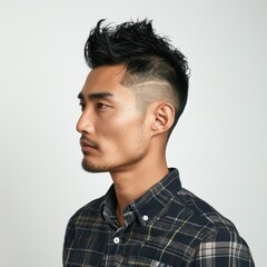 Obraz premium Japanese man with fade haircut, wearing a stylish shirt, looking trendy, Portrait half-body, hyper-realistic, high detail, photorealistic, white background, studio lighting, Key Light, Fill Light,