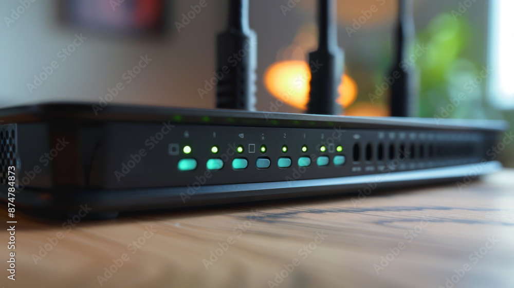 Poster close-up of a wireless router with glowing indicator lights on a wooden surface, showing internet co