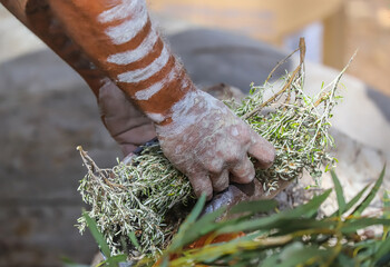 Human hands with green branches, wooden ritual dish and fire, Australian aboriginal smoking...