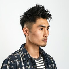 Obraz premium Japanese man with disconnected undercut, wearing a casual outfit, looking modern, Portrait half-body, hyper-realistic, high detail, photorealistic, white background, studio lighting, Key Light, Fill