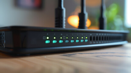 Close-up of a wireless router with glowing indicator lights on a wooden surface, showing internet connectivity.