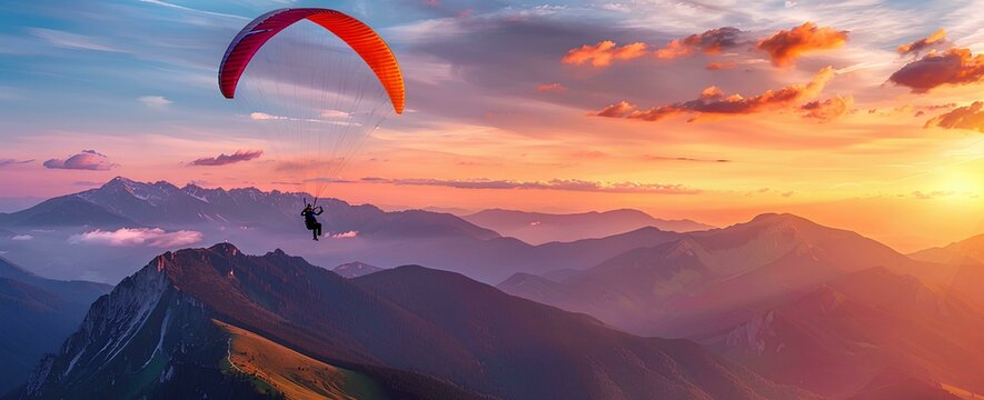 Beautiful paragliding over the mountains at sunset, parapent flying in alps with colorful sky and clouds, adventure sport concept banner background