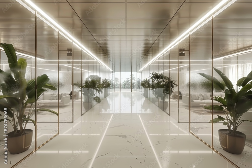 Aufkleber bright and spacious office corridor with modern design elements and potted plants, creating an open 