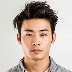 Fototapeta premium Japanese man with a quiff hairstyle, wearing a casual shirt, looking fashionable, Portrait half-body, hyper-realistic, high detail, photorealistic, white background, studio lighting, Key Light, Fill