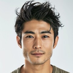 Fototapeta premium Japanese man with brushed forward hairstyle, wearing a casual outfit, looking youthful, Portrait half-body, hyper-realistic, high detail, photorealistic, white background, studio lighting, Key Light,
