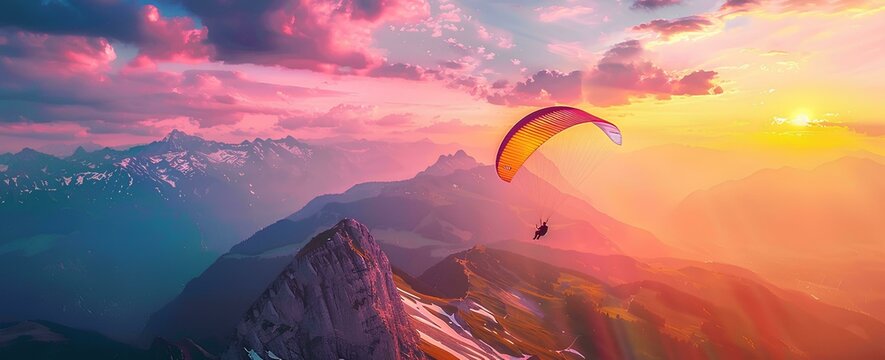 Beautiful paragliding over the mountains at sunset, parapent flying in alps with colorful sky and clouds, adventure sport concept banner background
