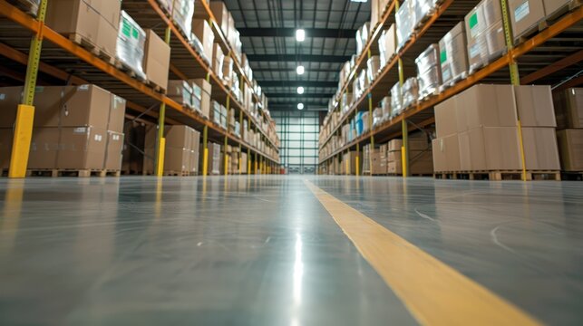 Clean and orderly warehouse depot, emphasizing effective storage solutions and streamlined inventory processes in a spacious facility
