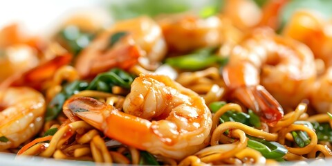 Skillfully Cooked Sizzling Shrimp Lo Mein Aromatic, Succulent, and Tantalizing. Concept Shrimp, Lo Mein, Cooking, Recipe, Aromatic