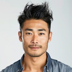 Obraz premium Japanese man with a modern quiff, wearing a casual shirt, looking trendy, Portrait half-body, hyper-realistic, high detail, photorealistic, white background, studio lighting, Key Light, Fill Light,