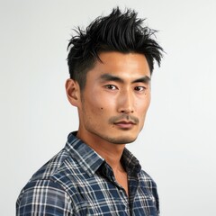 Obraz premium Japanese man with a modern quiff, wearing a casual shirt, looking trendy, Portrait half-body, hyper-realistic, high detail, photorealistic, white background, studio lighting, Key Light, Fill Light,