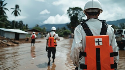 Obraz premium Support team assisting disaster victims, providing essential help and relief, capturing the spirit of humanitarian aid and welfare
