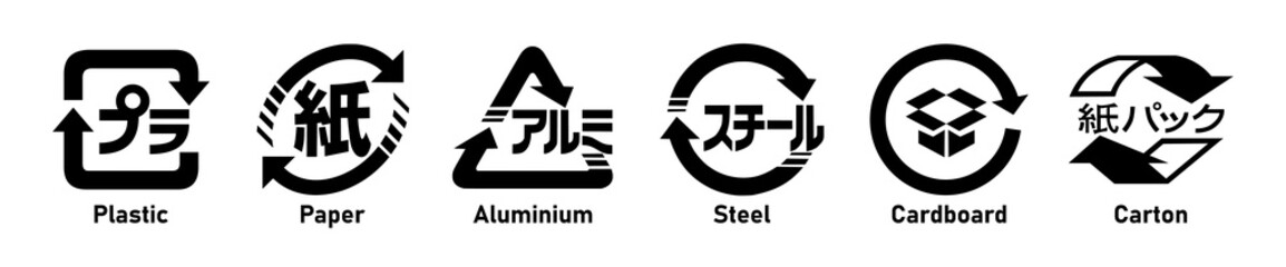 Japanese recycling icon set- Plastic, Paper, Aluminium, Steel, Cardboard and Carton with label. Japanese recycling symbols labelled for packaging and cardboard boxes isolated on white background.