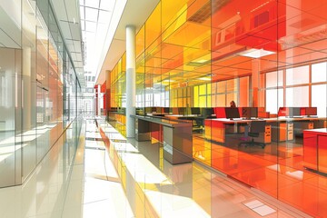 Modern office interior with vibrant glass partitions, creating a dynamic and visually engaging workspace.