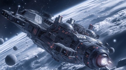 Fototapeta premium Realistic AI Driven Space Mission with Robots Analyzing Data from Distant Planets in a High Tech Spacecraft with Futuristic Interiors and a Command Center in a Vast Cosmic Background