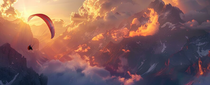 Beautiful paragliding over the mountains at sunset, parapent flying in alps with colorful sky and clouds, adventure sport concept banner background