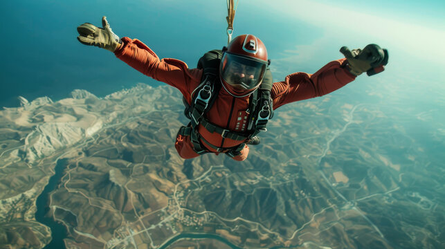 Skydiver in orange suit free falling over a breathtaking coastal and mountainous landscape on a clear, sunny day.