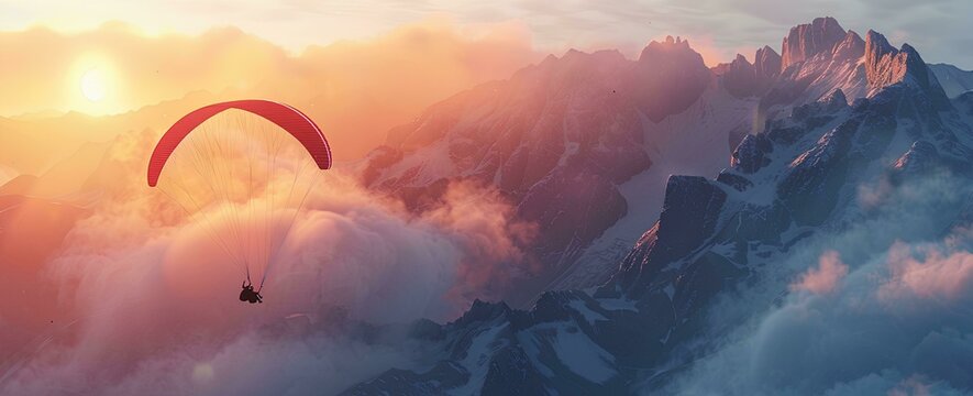 Beautiful paragliding over the mountains at sunset, parapent flying in alps with colorful sky and clouds, adventure sport concept banner background