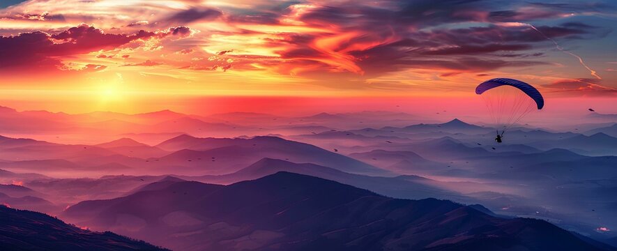 Beautiful paragliding over the mountains at sunset, parapent flying in alps with colorful sky and clouds, adventure sport concept banner background