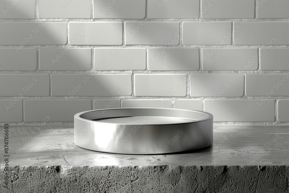 Aufkleber minimalist white bowl on a textured surface against a white brick wall, creating a serene and simple
