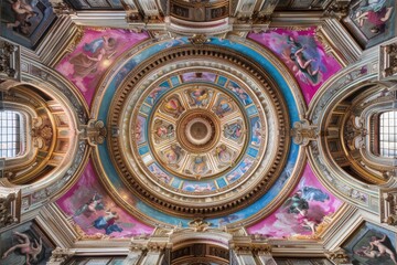 Fototapeta premium Baroque, Barocco Ornate Marble Ceiling Non-Linear Reformation Design with Intricate Accents Depicting Classic Elegance and Architectural Beauty