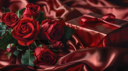 Naklejka premium Romantic Red Roses and Gift Box