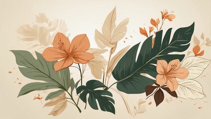 Vintage botanical illustration featuring cream and orange tropical flowers, large green leaves, and butterflies. 
Elegant composition with soft tones creates a serene and captivating natural ambiance