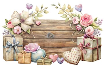 Rustic wooden background adorned with vintage decorations, pastel-colored flowers, and delicate heart-shaped gifts, conveying a sense of warmth and romantic sentiment.