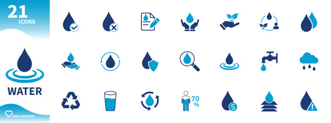 Water icon. Set of icons for water drops, water sources, recycling, protection, water filtration, water source assessment,...