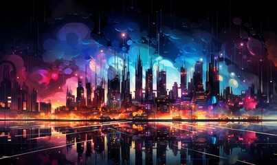 Obraz premium A vibrant abstract illustration with neon lines and shapes pulsing against a dark backdrop, like a city at night
