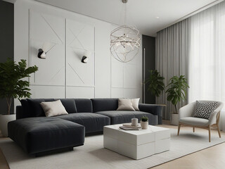 Stylish interior of modern living room with light walls