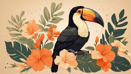 Tropical Toucan Amidst Hibiscus Flowers Illustration