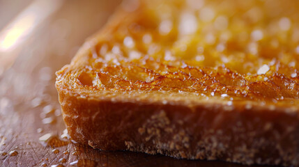 Fototapeta premium Macro shot of a slice of toast drizzled with golden honey, highlighting the texture and sweetness.