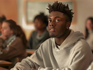 Obraz premium A Black student joins peers in college lecture. Concept Education, Diversity, Higher Learning, Student Life