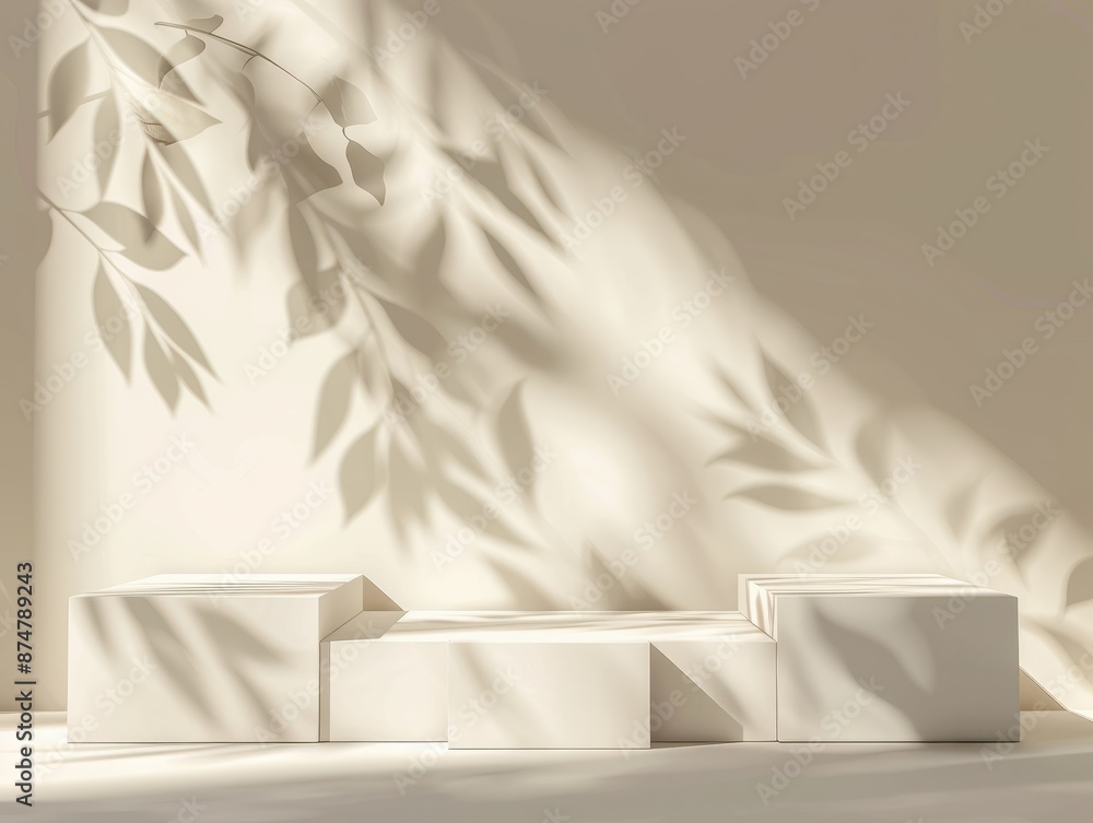 Poster abstract minimal nature scene - empty stage with three white rectangle podiums on beige background a