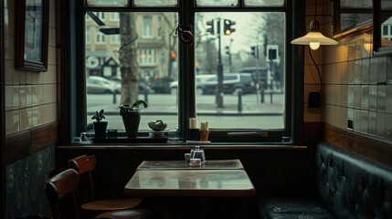 A solitary window reveals a dark and desolate street outside reflecting the feelings of loneliness and detachment within the cafÃ©.