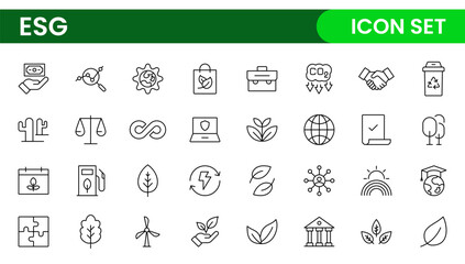 ESG flat line icon set. Outline icon collection related to ecology, environment social governance, risk management, sustainable developmen and more.