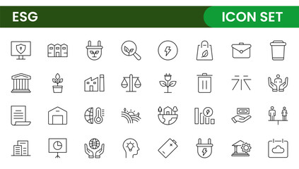ESG flat line icon set. Outline icon collection related to ecology, environment social governance, risk management, sustainable developmen and more.