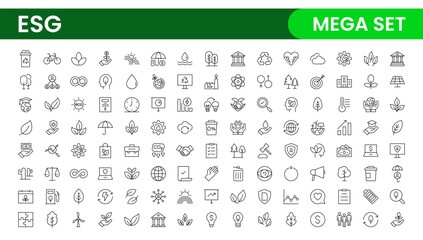 ESG flat line icon set. Outline icon collection related to ecology, environment social governance, risk management, sustainable developmen and more.