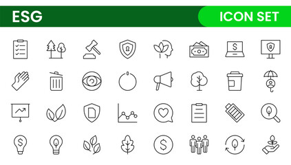 ESG flat line icon set. Outline icon collection related to ecology, environment social governance, risk management, sustainable developmen and more.