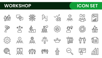 Set of Workshop and Coaching line icons. Outline icon collection related to training, coaching, mentoring, education, meetings, conferences, and teamwork.