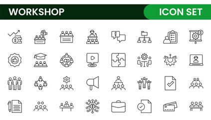 Set of Workshop and Coaching line icons. Outline icon collection related to training, coaching, mentoring, education, meetings, conferences, and teamwork.