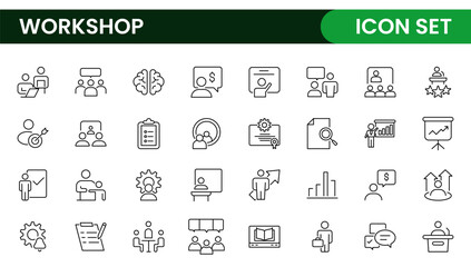Set of Workshop and Coaching line icons. Outline icon collection related to training, coaching, mentoring, education, meetings, conferences, and teamwork.