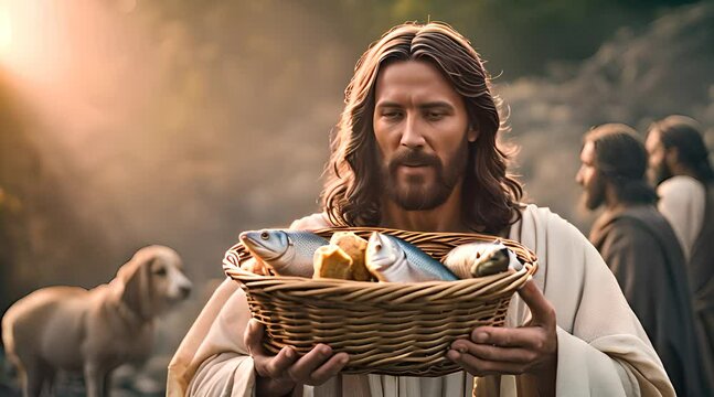 Jesus Holding Fish and Bread. Biblical-Themed Artwork